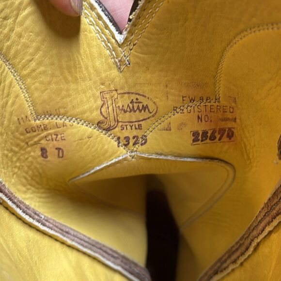 Justin Euro Elk Leather Cowboy Boots Mens Tan Made In USA Boot 1325 Size 8 - Picture 9 of 9